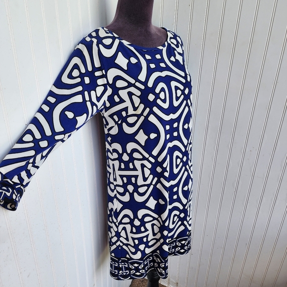Laundry By Design Dress Womens Blue White Geo Print Stretch 3/4 Sleeve Sz 4 - Picture 4 of 10
